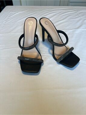 Tru Comfort Foam Black Rhinestone Double-Strap High Heel Sandals Sz 10